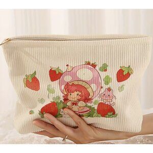 Strawberry Girl Corduroy Makeup Bag Cute Strawberry Print Cosmetic Pouch Zipper